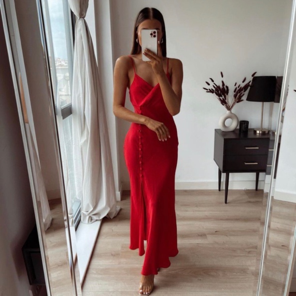 Zara NWOT Red Satin Buttoned Slip Dress - Medium